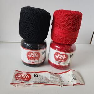New! Lot RED HEART Classic 10 Crochet Thread 4 Skeins Red Black 1200 Yards